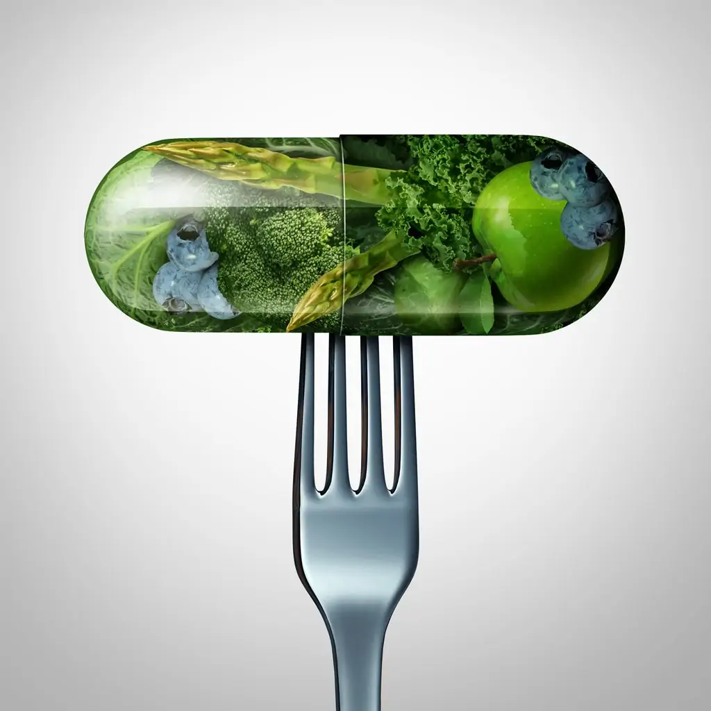3D rendering of a pill supplement with fruits and vegetables inside of it